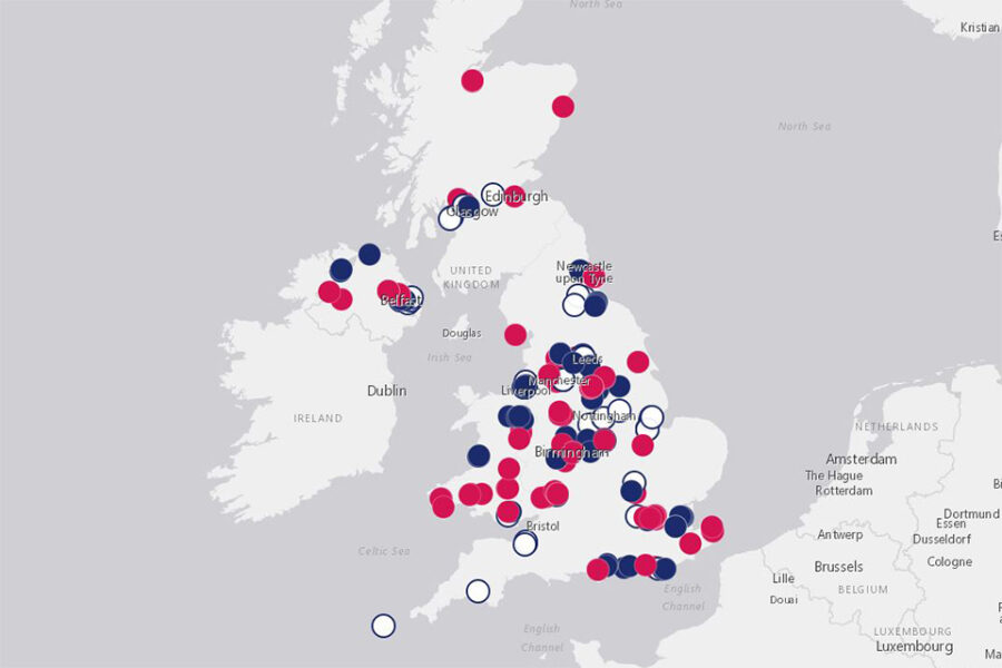 Shows a thumbnail image of the levelling up project finder, with blue and red dots on a map of the UK