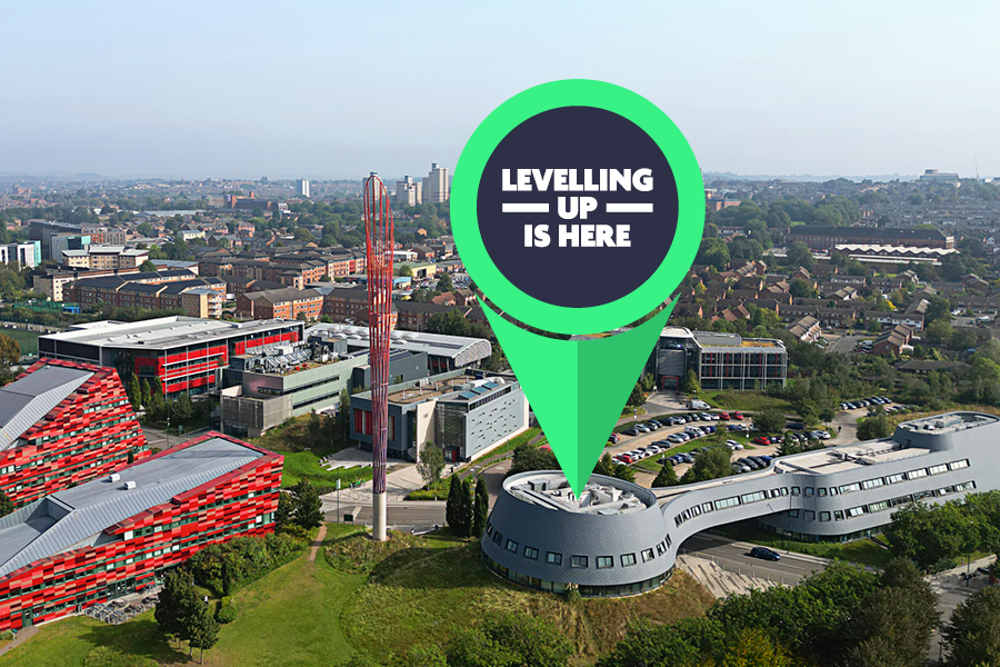 Levelling Up logo shown pinned to a photo of The Sir Colin Campbell Building in Nottingham