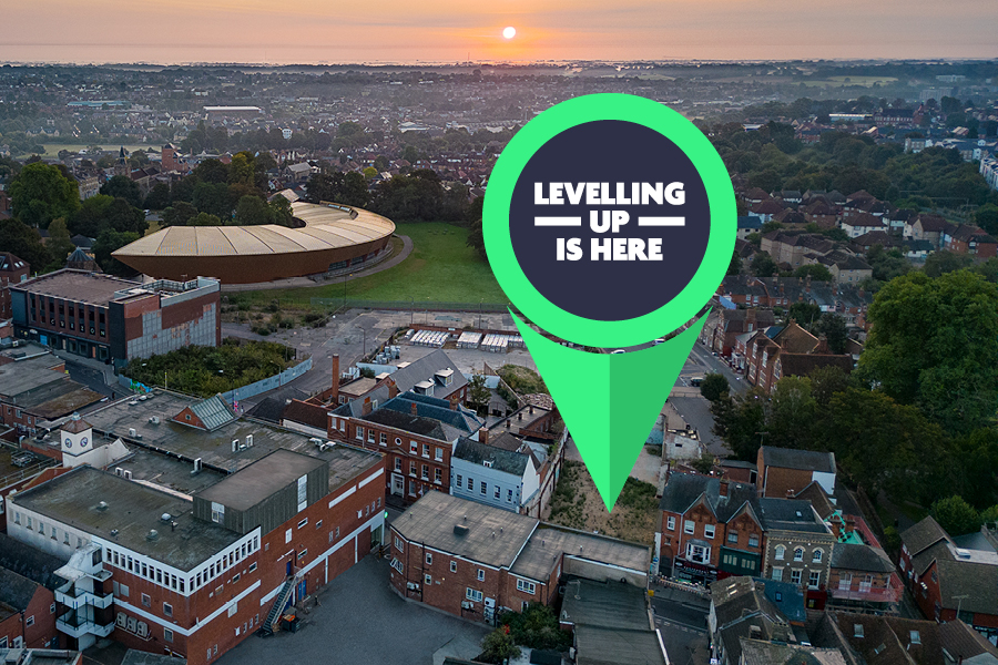 Levelling Up map pin logo with image of Colchester