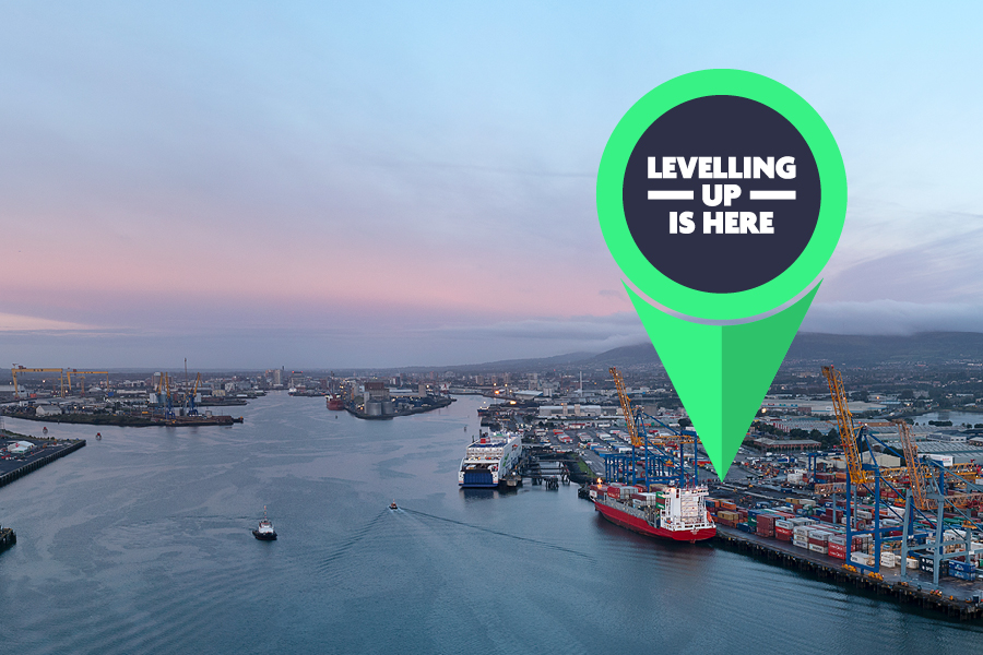 Levelling Up logo shown pinned to a photo of Belfast Harbour