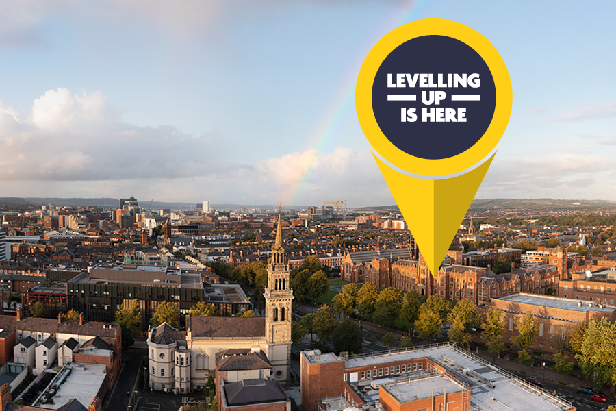 Levelling Up logo shown pinned to a photo of Belfast city