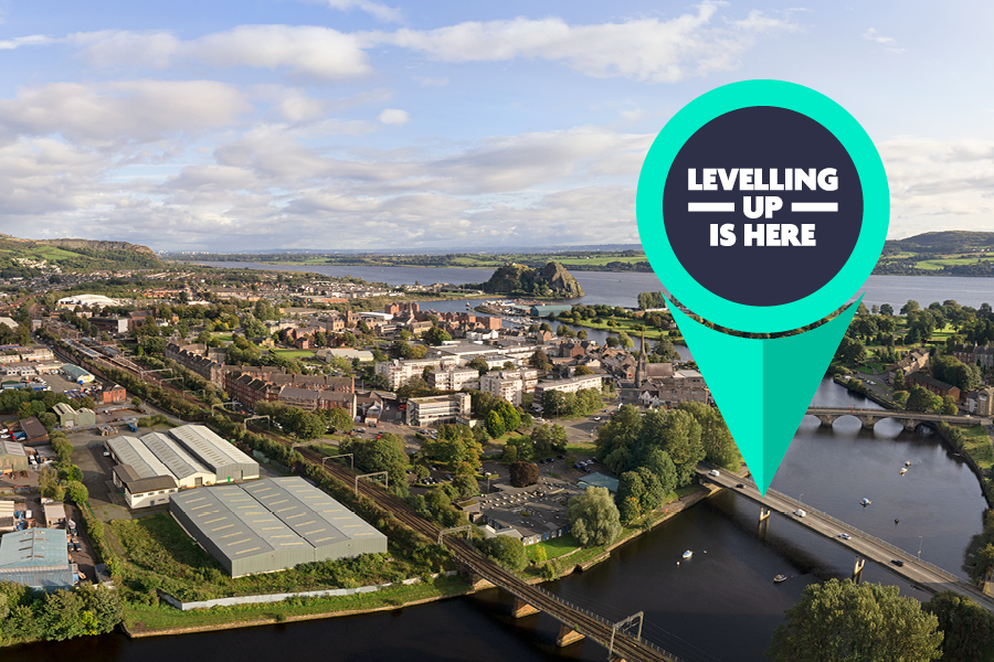 Levelling Up logo shown pinned to a photo of bridge in Dumbarton