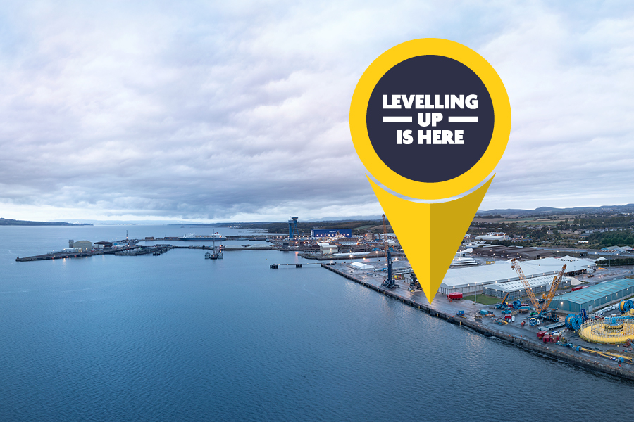 Levelling Up logo shown pinned to a photo of Rosyth Port