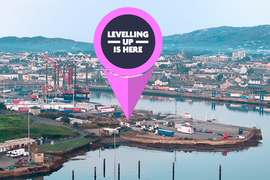 Levelling Up logo shown pinned to a photo of Anglesey Freeport